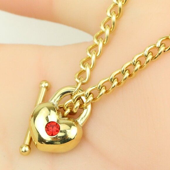 Gold Plated Heart Pendant Necklace With Red Stone Charm, XPNL0380 - Picture 1 of 12